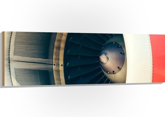 WallClassics - Hout - Rood met Witte Vliegtuigmotor - 150x50 cm - 12 mm dik - Foto op Hout (Met Ophangsysteem)