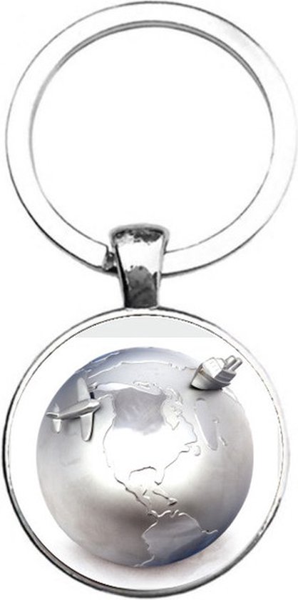 Sleutelhanger Glas - Wereldbol Zilver