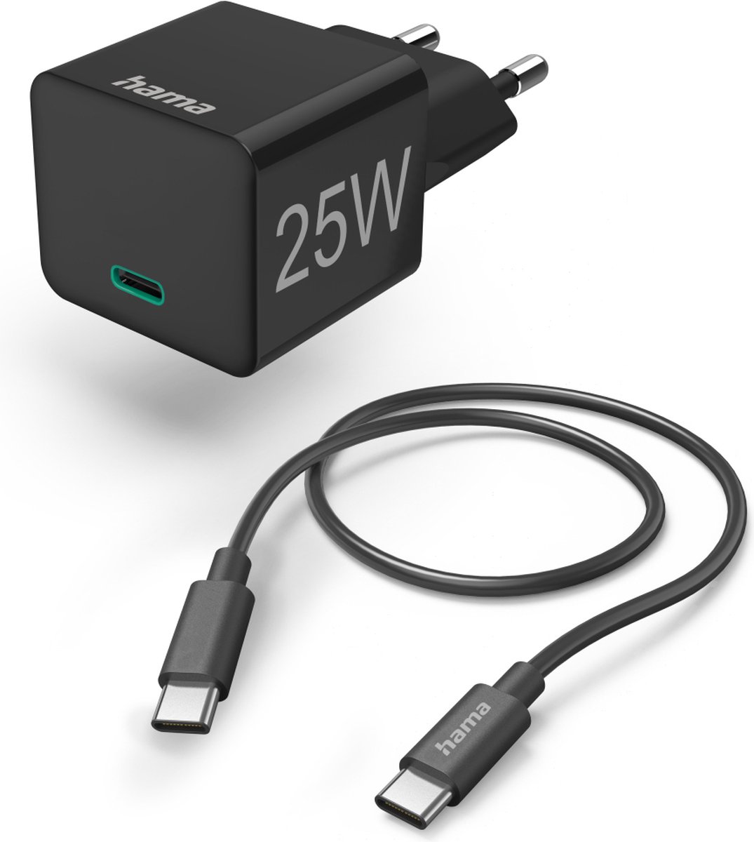Hama USB-C Snellader - Mini oplader - snellader geschikt voor Iphone - Inclusief USB-C naar USB-C kabel - Geschikt voor Smartphone en Tablet - Zwart