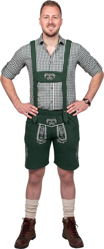 Tenue Oktoberfest Homme Lederhosen + Chemise - Short Cuir Marron Ou Noir Avec Bretelles Et Chemise Carreaux