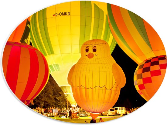 WallClassics - PVC Schuimplaat Ovaal - Gekleurde en Verlichte Ballonnen - 40x30 cm Foto op Ovaal  (Met Ophangsysteem)