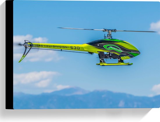 WallClassics - Canvas  - Geel Groene Helikopter bij Wolken - 40x30 cm Foto op Canvas Schilderij (Wanddecoratie op Canvas)