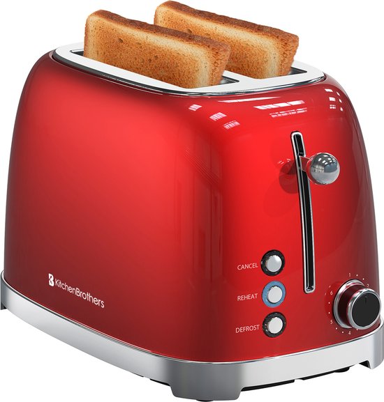 KitchenBrothers Retro Broodrooster - Toaster - 6 Warmteniveaus - 2 Extra Brede Sleuven - 815W - Rood