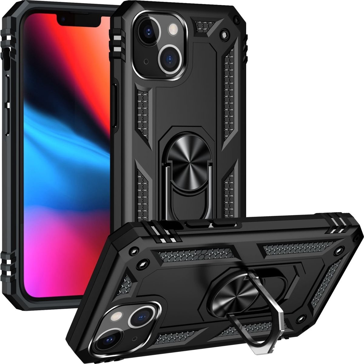 Mobigear Hoesje geschikt voor Apple iPhone 14 Telefoonhoesje Hardcase | Mobigear Armor Ring Backcover Shockproof met Ringhouder | Schokbestendig iPhone 14 Telefoonhoesje | Anti Shock Proof - Zwart