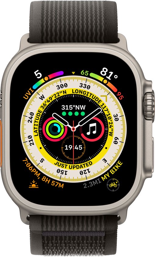 Apple Watch Ultra - 4G/LTE- 49mm - Titanium kast - Zwart/Grijs Trail bandje - M/L