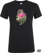 Klere-Zooi - Flamingo met Drankje - Zwart Dames T-Shirt - M