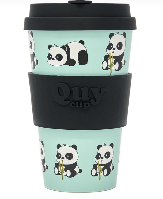 Quy Cup 400ml Ecologische Reis Beker - "Il Panda" - BPA Vrij - Gemaakt van Gerecyclede Pet Flessen met Zwarte Siliconen deksel