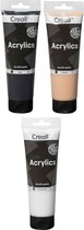 Acryl Verf Set - 3 kleuren - 3x250ml=totaal 750ml  Kleuren: Titanium White, Skintone, Black