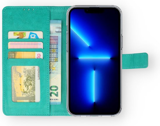 Apple iPhone 14 Pro Max Case Turquoise & Verres Screen Protector - Wallet Book Case - Porte-cartes & Languette magnétique