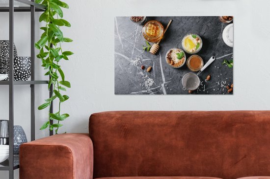 Canvas Schilderij Honing - Specerijen - Keuken - Marmer - 60x40 cm - Wanddecoratie