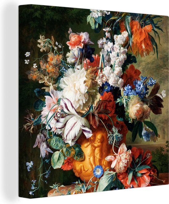 Canvas - Schilderij Kunst - Oude meesters - Boeket bloemen in een urn - 90x90 cm - Wanddecoratie - Woonkamer