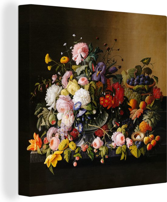 Canvas - Schilderij Stilleven met bloemen en fruit - Kunstwerk - Oude meesters - 20x20 cm - Muurdecoratie - Woonkamer