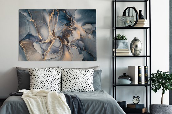 Toile Peinture Marbre - Grijs - Blauw - Luxe - Or - 120x80 cm - Décoration murale