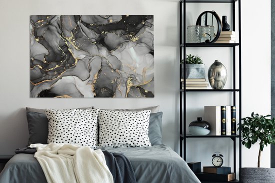 Toile Peinture Marbre - Zwart - Or - Grijs - 120x80 cm - Décoration murale