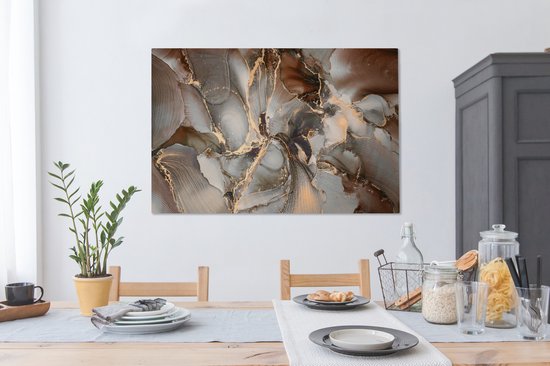 Toile Peinture Grijs - Goud - Marbre - 140x90 cm - Décoration murale