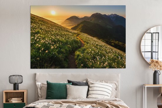 Canvas schilderij 180x120 cm - Wanddecoratie Bloemen - Zon - Bergen - Muurdecoratie woonkamer - Slaapkamer decoratie - Kamer accessoires - Schilderijen