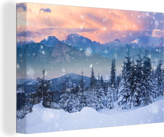 Canvas Schilderij Sneeuw - Lucht - Bos - Winter - 90x60 cm - Wanddecoratie
