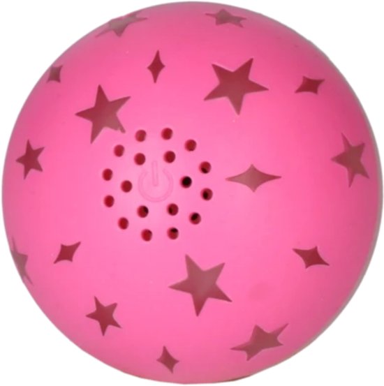 Roze Dog Comets bal met sterrenuitsparingen en een rond geluidsrooster met aan/uit-symbool.