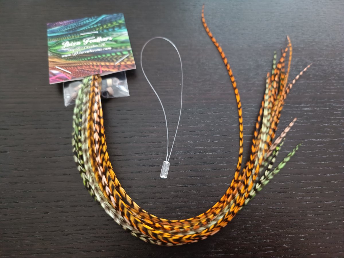 1 set van 20 feather extensions XL 23cm t/m 32cm Grizzly Groen