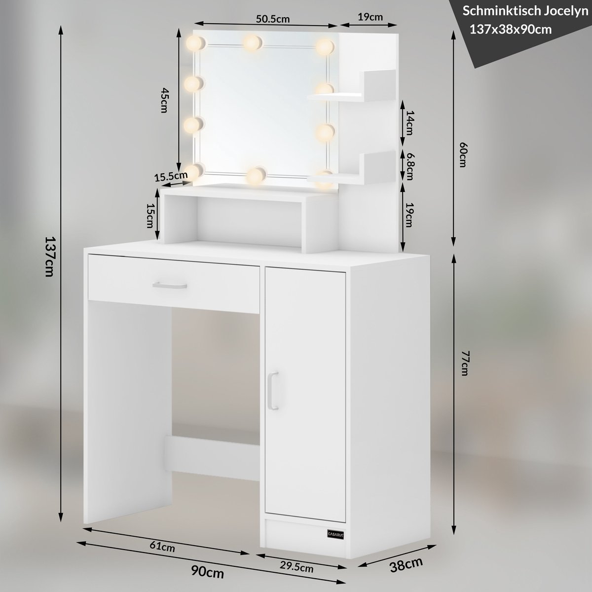 Casaria Coiffeuse Jocelyn Blanc avec ou sans LED et capteur de distance  table de maquillage avec