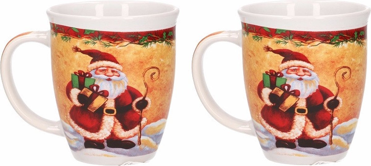 Set van 2x kerstmokken met kerstman en kadootjes - Kerst thema mokken/bekers