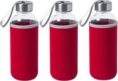 3x Stuks glazen waterfles/drinkfles met rode softshell bescherm hoes 420 ml - Sportfles - Bidon