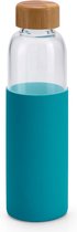 Glazen waterfles/drinkfles met turquoise blauwe siliconen bescherm hoes 600 ml - Sportfles - Bidon
