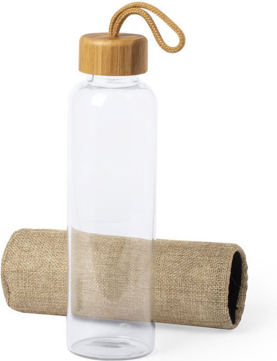Glazen waterfles/drinkfles met naturel bamboe houten bescherm hoes 500 ml - Sportfles - Bidon