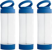 3x Pièces bouteille d'eau/gourde en verre avec bouchon à vis en plastique bleu et support pour smartphone 390 ml - Bouteille de sport - Bouteille d'eau
