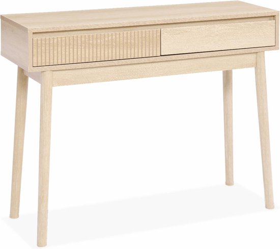 Houten consoletafel met twee laden op schuine pootjes. Eén ladefront is glad, de ander heeft verticale groeven.