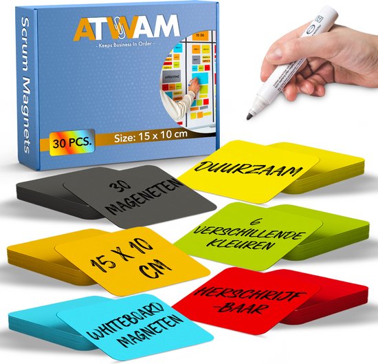ATWAM Scrum Magneten - 30 stuks - Voor Whiteboard, Magneetbord, Memobord of Magnetisch Tekenbord – Herschrijfbare Magneten op Koelkast - Post It Notes – Kanban - 15 cm Breed x 10 cm Lang - 6 Kleuren