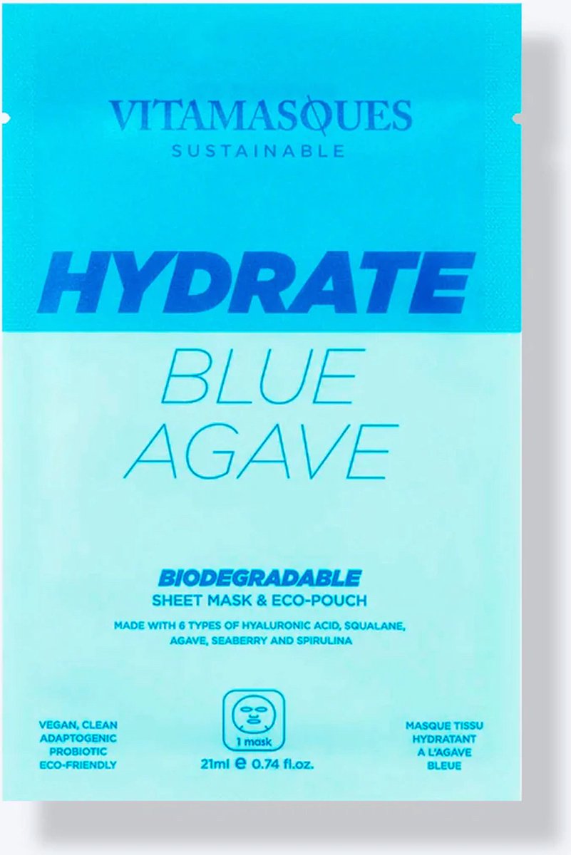 House of Mushu - Gezichtsmasker - verzorging - Hydrate Blue Agave - Sheet mask - Biodegradable Face Sheet Mask- Glimmende gezichtsmasker - verzorgings masker - Vitamasques