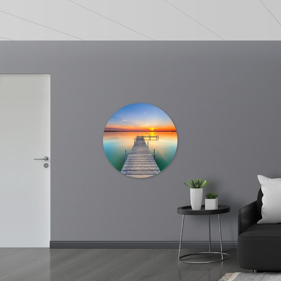 WallClassics - Plaque de Mousse PVC Cercle Mural - Jetée dans l' Water au Coucher du Soleil - 90x90 cm Photo sur Cercle Mural (avec système d'accrochage)