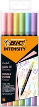 BIC Intensity Dual Tip Marker Pastel - Kleurstift met 2 verschillende punten - 6 stuks - Pastelkleur - Viltstit met penseelpunt en fijne punt (0.7 mm)