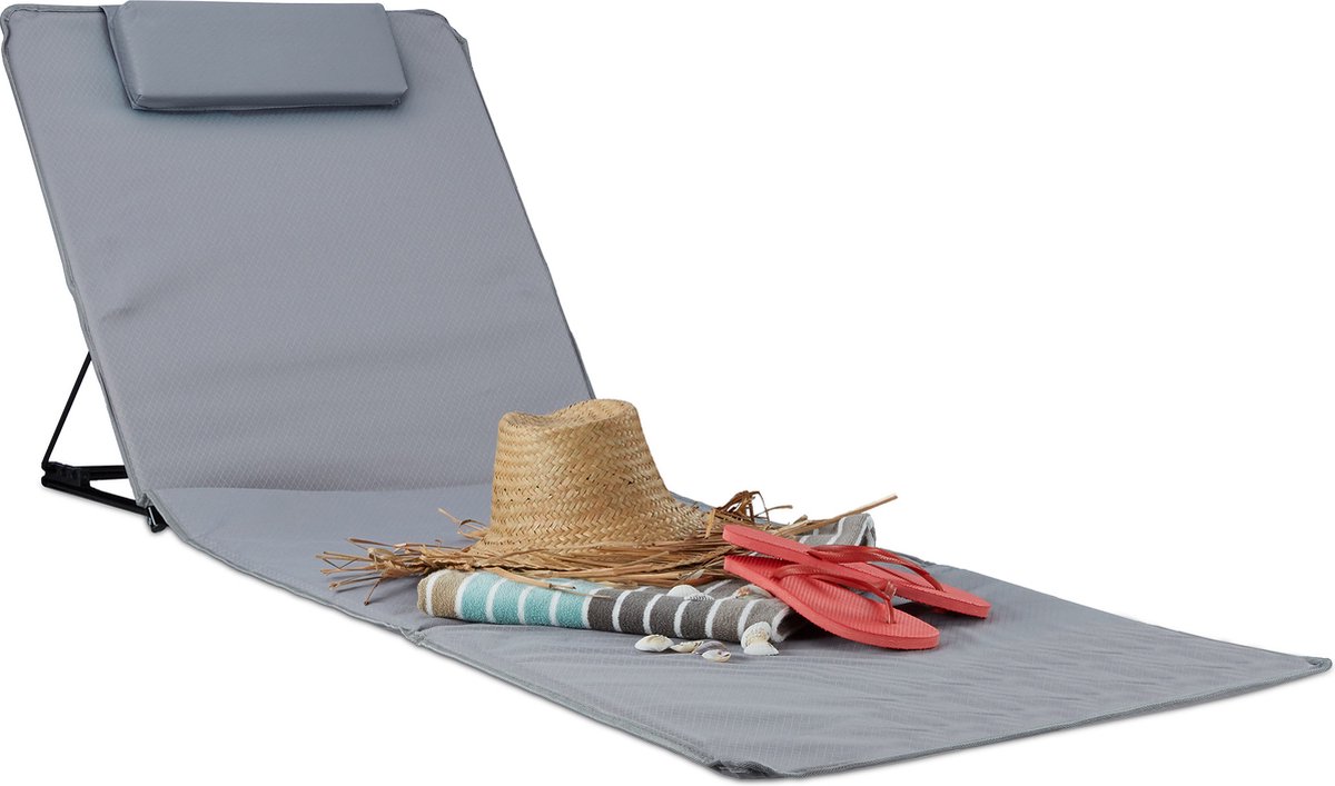 Relaxdays strandmat xxl met kussen - gepolsterde strandstoel - opvouwbaar - draagtas - grijs