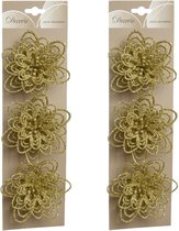 6x stuks decoratie bloemen goud glitter op clip 11 cm - Decoratiebloemen/kerstboomversiering/kerstversiering