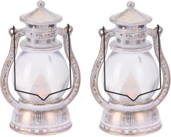 2x Zilver/witte lantaarn decoratie 12 cm vlam LED licht op batterijen - Feestverlichting themafeest