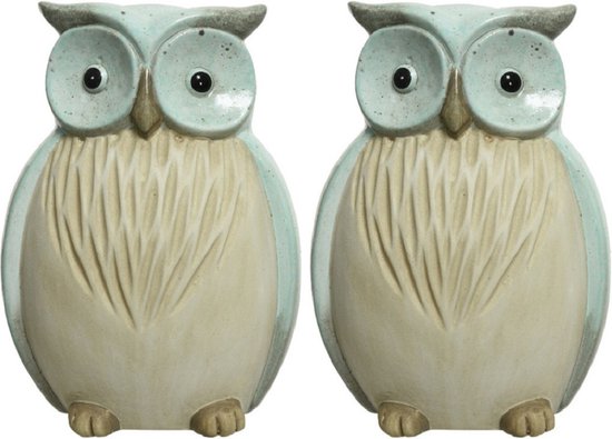 Set de 2x statue de jardin animalier chouette/hibou vert menthe 20,5 cm