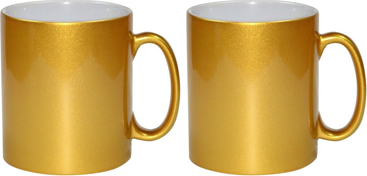 Koffiemok / thee beker - 2x - 330 ml - Goud - Cadeau mokken - keramiek