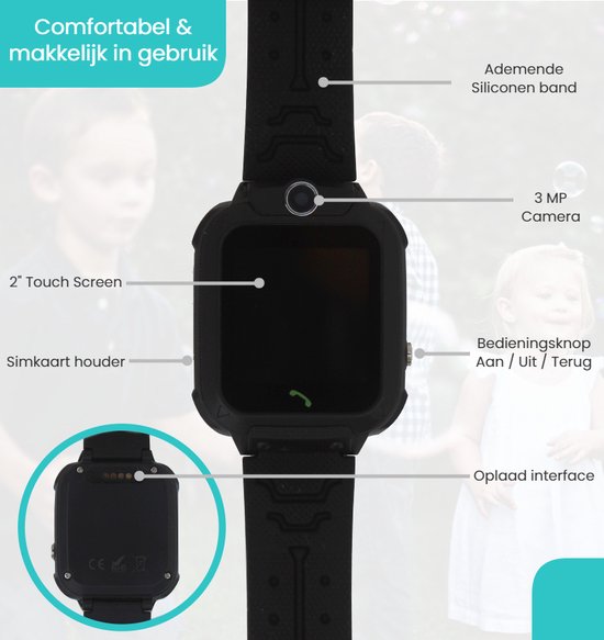 VUBIO Kinder Smartwatch Zwart - Inclusief Simkaart - Bellen - Camera - VUBIO