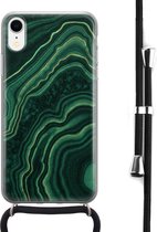 Hoesje met koord - Geschikt voor iPhone XR - Marmer groen agate - Verstelbaar zwart koord - Transparant, Groen - Marmer - Leuke Telefoonhoesjes