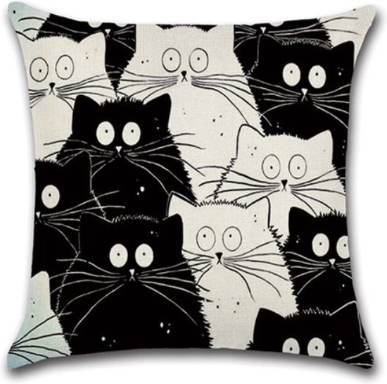 kussenhoes Katten zwart wit 45 x 45 cm linnen