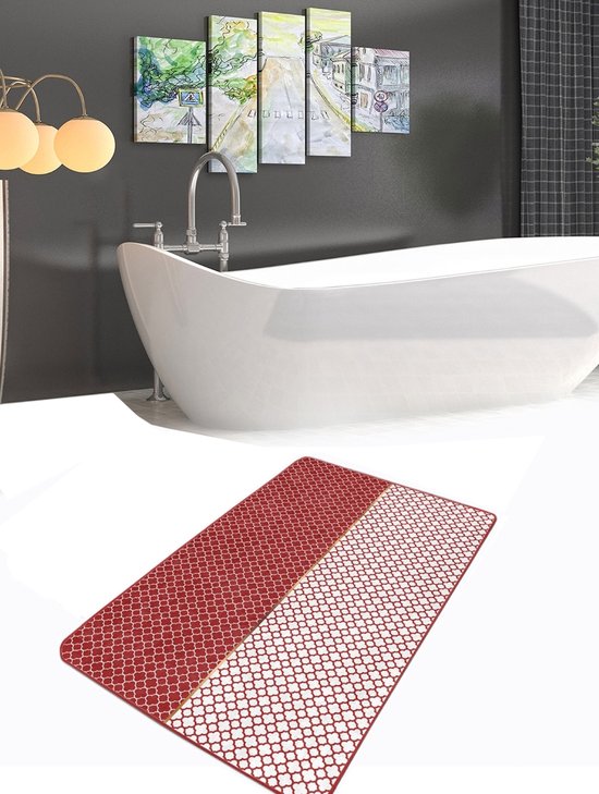 Tapis de bain antidérapant Badmat Paillasson pour l'intérieur - Tapis de toilette - Tapis de toilette - Diamant Rouge/Marron & Wit - De Groen Home