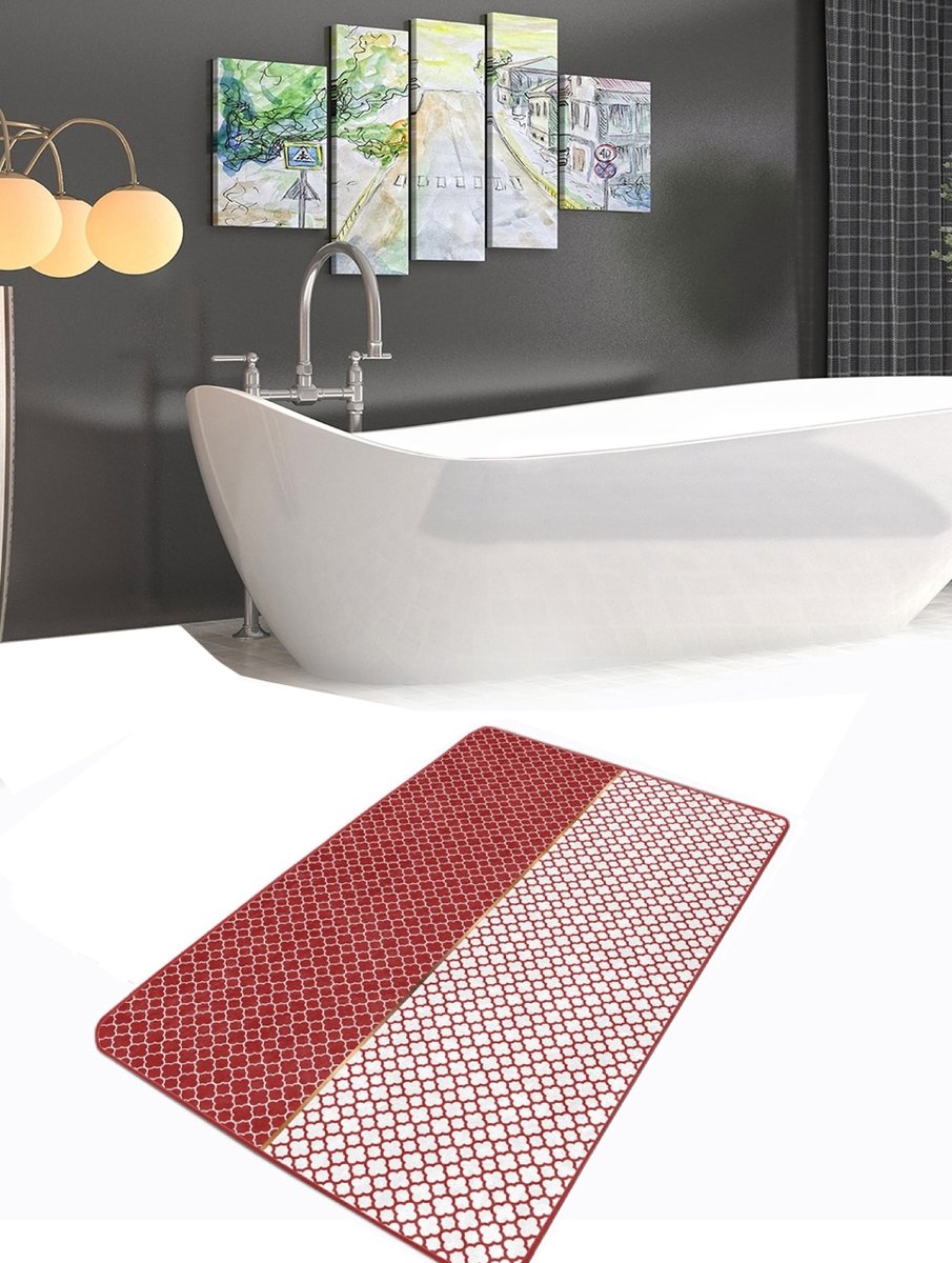 Badmat antislip -50x80 x 2 stuks- Deurmat voor binnen - Wc mat - Toiletmat - Rood/Bruin & Wit Ruit - De Groen Home