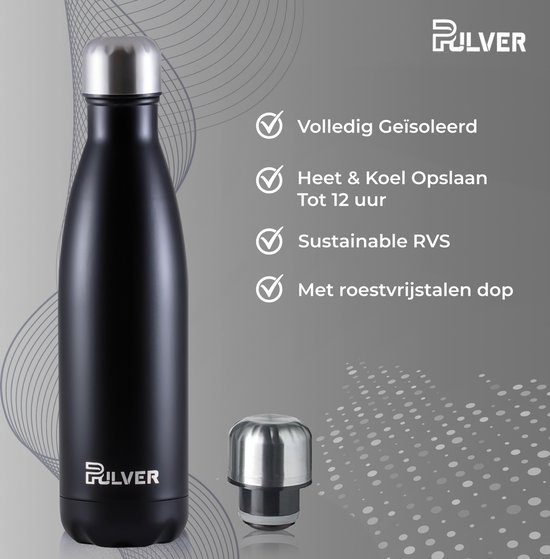 Pulver - Bouteille Thermos / Gourde De Luxe En Acier Inoxydable - Sans BPA - 500 ml - Bouteille D'eau Avec Paille - Gourde - Double Isolation - Zwart