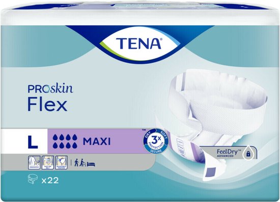 TENA Proskin Flex Maxi, L. Verpakking met 22 stuks. Met afbeeldingen van COMFISTRETCH en 3x PROTECTIE SECURE.