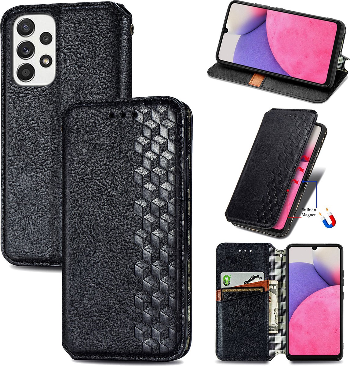 Luxe PU Lederen Ruitpatroon Wallet Case + PMMA Screenprotector voor Galaxy A33 5G _ Zwart