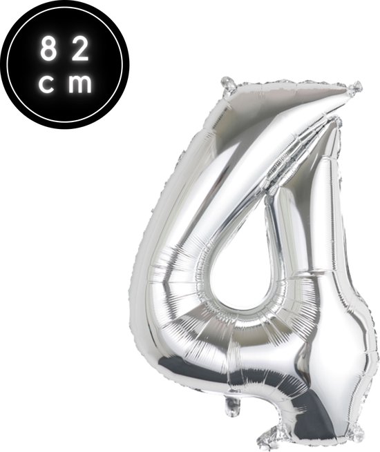 Fienosa Cijfer Ballonnen nummer 4 - Zilver - 82 cm 14 - 24 - 34 - 40 - 44 - 54 - 64 -74 - 84 - 94