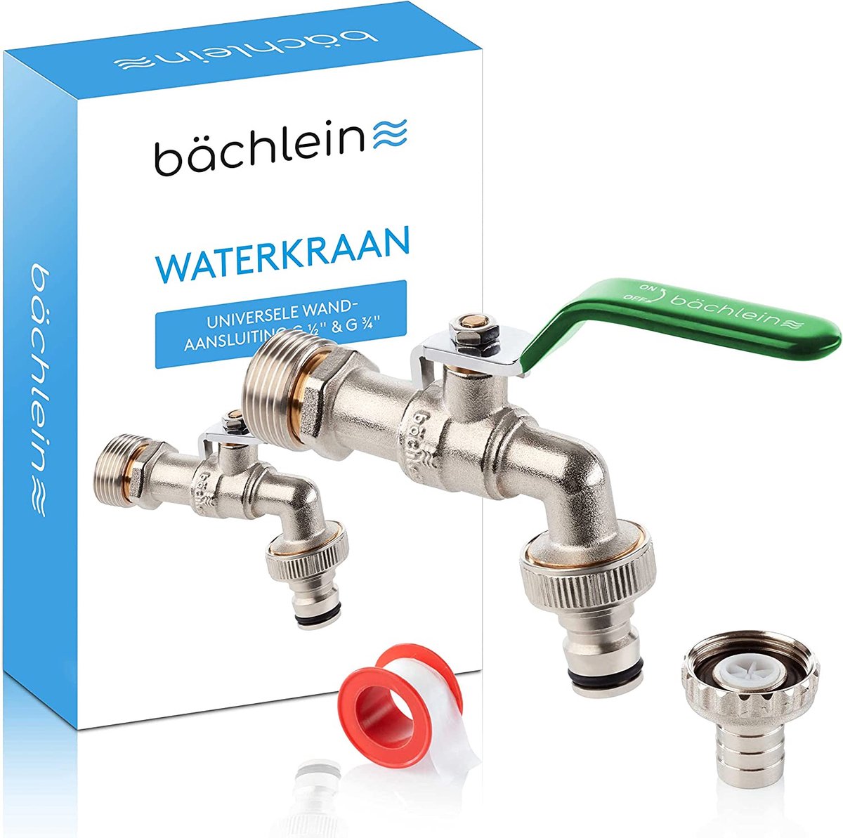 Bächlein Universele kraan voor de tuin [groen] incl. 2 slangaansluitingen - edele kogelkraan met 1/2 en 3/4 inch aansluiting, uitlaatkraan buiten