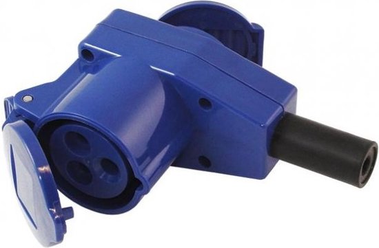 Blauw CEE haakse koppeling met een stekker en twee beschermde contactdozen.